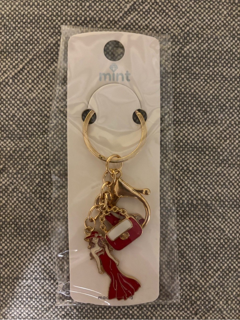 Mint Gold-Tone Keychain with Red Dress & Purse Charms